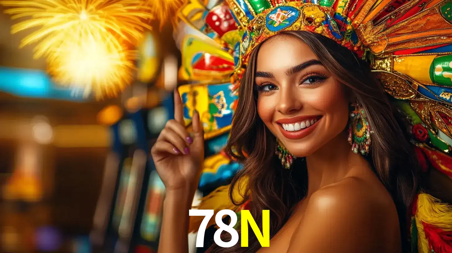 Mulher sorridente com um cocar de carnaval vibrante e colorido, celebrando uma grande vitória nos jogos do cassino 78N com fogos de artifício ao fundo.