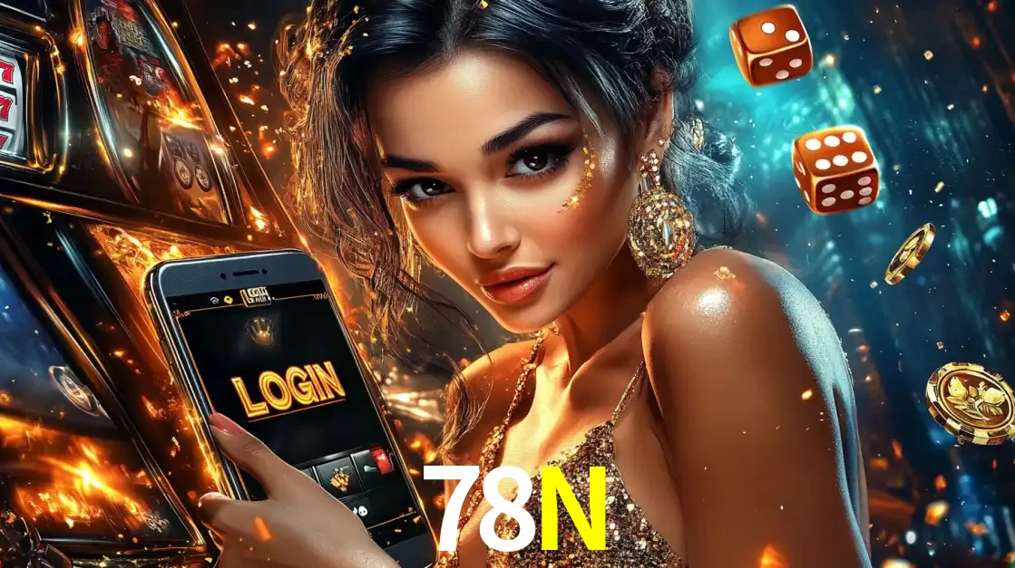 Mulher glamourosa segurando um celular com a tela de login do cassino 78N, rodeada por dados e moedas douradas, pronta para começar a diversão.