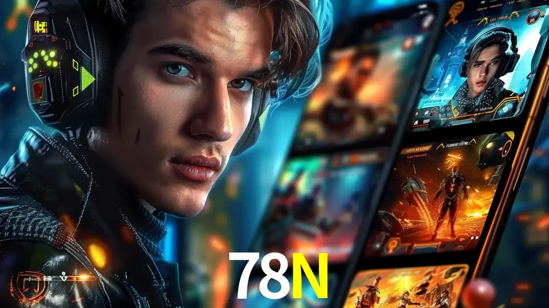 Jovem jogador com fones de ouvido olhando para a câmera, com um aplicativo de jogos e e-sports para celular ao fundo, pronto para a competição e apostas no 78N.