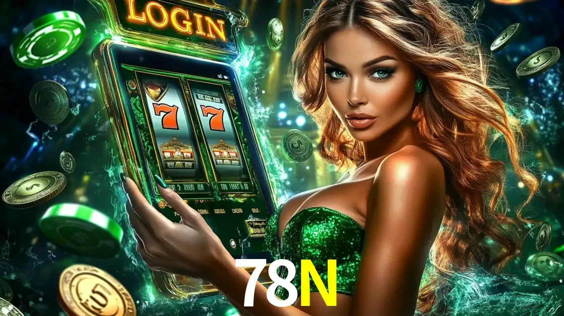 Mulher com tema verde apresentando o aplicativo do cassino 78N com um jogo de slot de 777, cercada por fichas de cassino e uma aura de sorte.