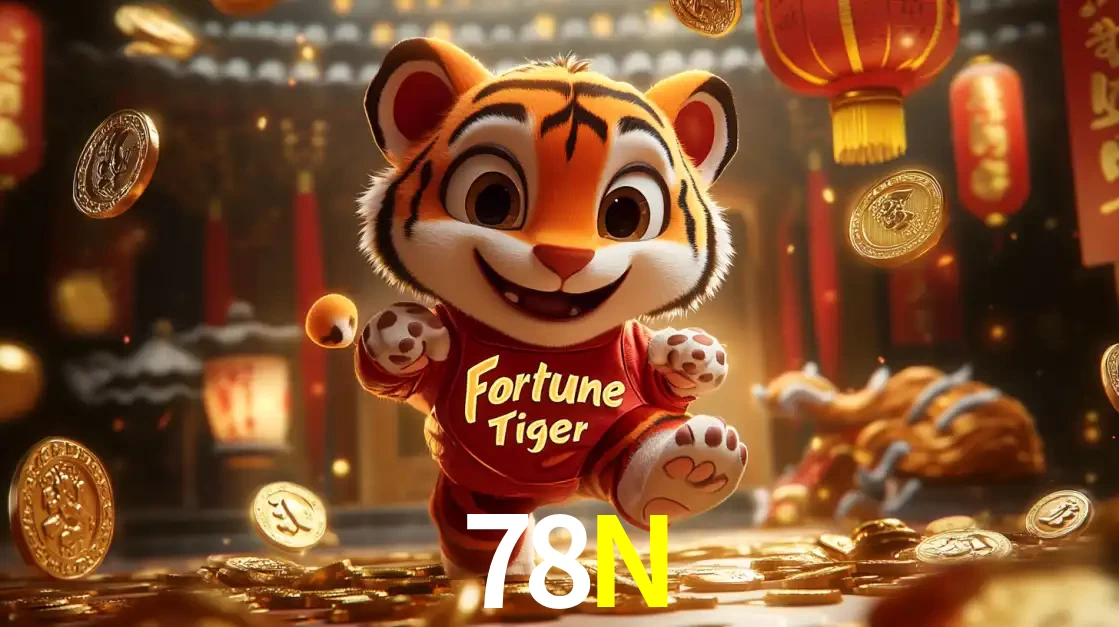 O alegre personagem do Fortune Tiger correndo sobre um caminho de moedas de ouro, simbolizando os grandes prêmios e a diversão do popular jogo de slot do 78N.