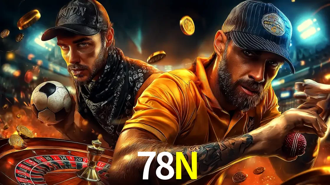 Montagem de apostas esportivas e cassino no 78N, com um homem segurando uma bola de futebol e outro uma de beisebol sobre uma roleta e moedas voadoras.