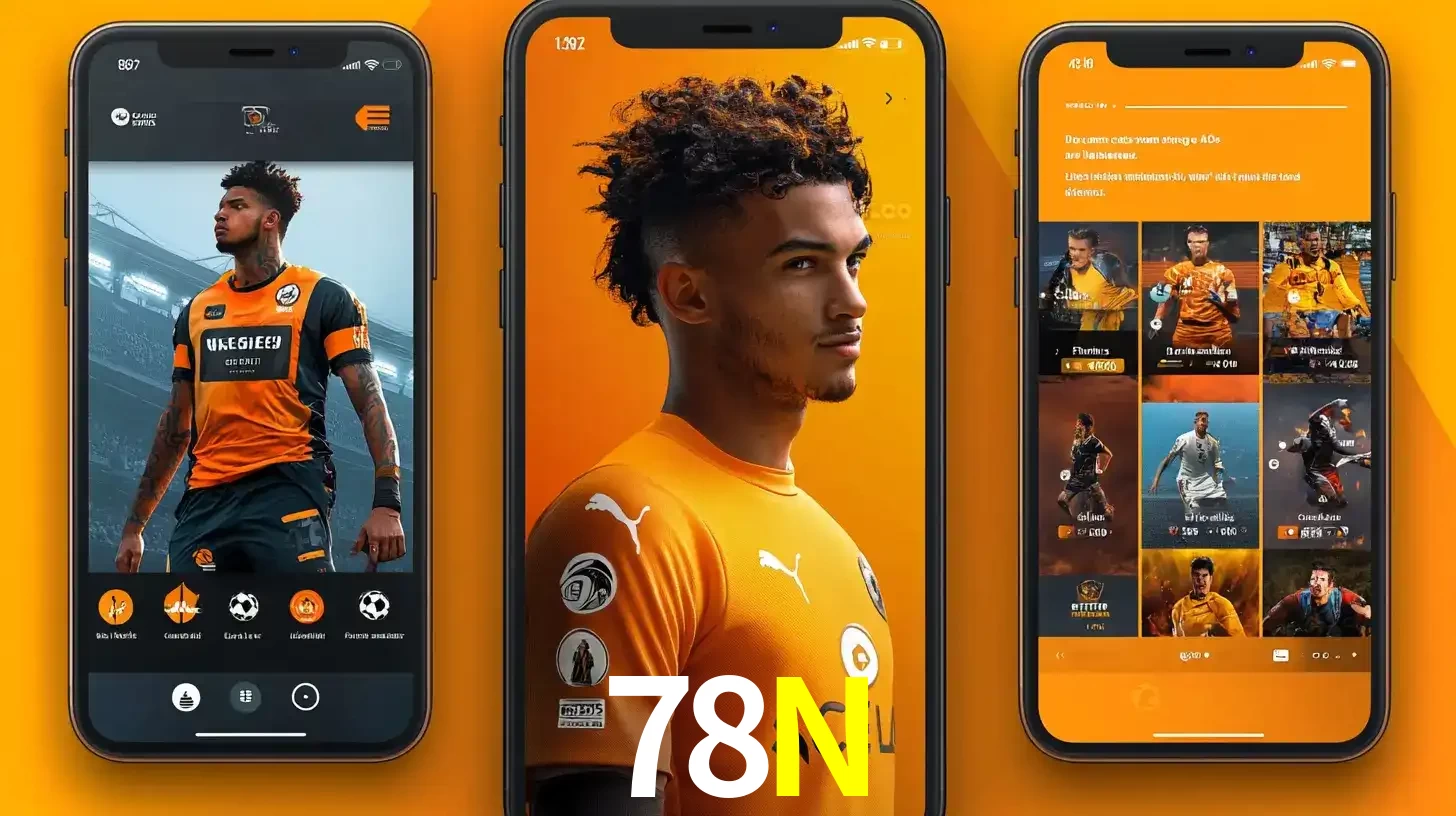 Interface do aplicativo de apostas esportivas 78N em três telas de celular, mostrando o perfil de um jogador de futebol e a lista de jogos disponíveis para apostar.