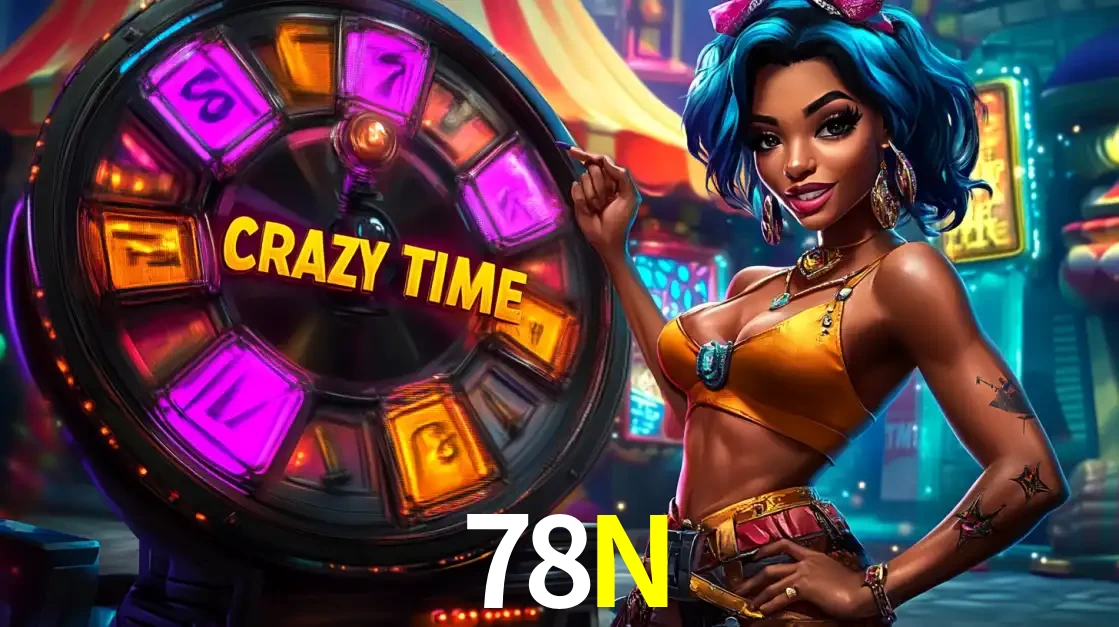 Mulher estilizada com cabelo azul e visual vibrante posando ao lado da roda de prêmios do game show Crazy Time, convidando para a diversão e os bônus do cassino 78N.