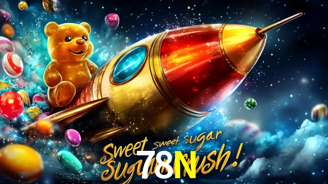 Arte promocional do jogo de slot Sugar Rush, com um urso de pelúcia em um foguete viajando pelo espaço de doces, um dos jogos divertidos disponíveis no cassino 78N.