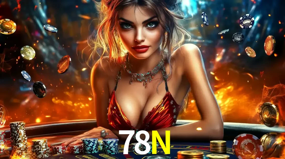 Mulher em uma mesa de cassino com pilhas de fichas e um fundo de fogo, pronta para uma rodada de altas apostas nos jogos de mesa emocionantes do cassino 78N.