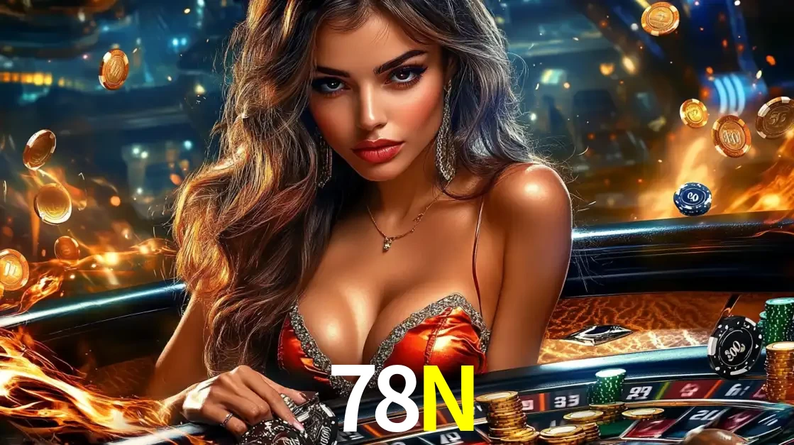 Mulher glamourosa em uma mesa de roleta com um fundo de chamas e moedas voadoras, pronta para fazer sua aposta e ganhar grandes prêmios no cassino ao vivo 78N.