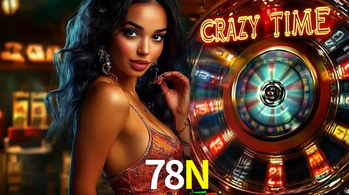 Mulher elegante ao lado da vibrante roda da fortuna do jogo de cassino ao vivo Crazy Time, um dos game shows mais populares e cheios de prêmios do 78N.