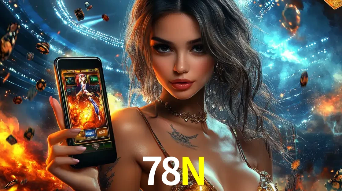 Mulher segurando um celular com um jogo de slot em destaque, tendo como fundo um estádio vibrante, simbolizando a emoção de jogar no cassino móvel 78N.