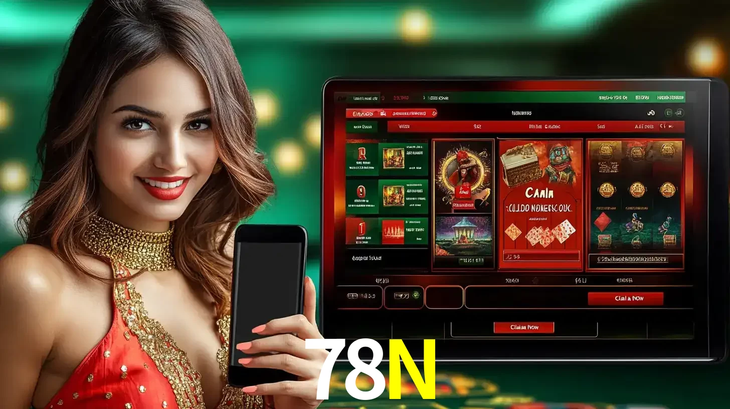 Mulher sorridente segurando um smartphone, ao lado de uma tela exibindo o lobby de jogos do cassino online 78N, com várias opções de jogos de cartas e slots.